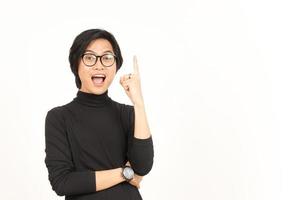 Showing Product and Pointing Up or Got Solution Of Beautiful Asian Man Isolated On White Background photo