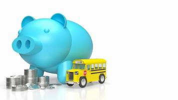 The Blue Piggy bank and School Bus on white Background  3d rendering photo