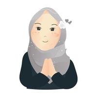 musulmán mujer en hijab haciendo islámico saludo gesto. vector ilustración en un plano estilo.