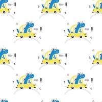 Seamless pattern with cute dino and  car. Kids print. Vector Illustration