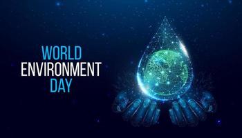 World environment day concept.  Banner with planet Earth in wireframe polygonal water drop. Futuristic modern abstract background. Vector illustration.