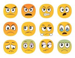 enojado emoticonos infeliz, doloroso, sospechoso, conmocionado, resentido emociones vector ilustración.