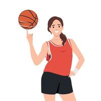 sonriente joven mujer atleta girar pelota en dedo. contento niña baloncesto jugador jugar con pelota. deporte y juego actividad vector