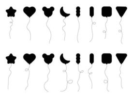 Set of black silhouette party balloons tied with strings. Vector illustration in cartoon style