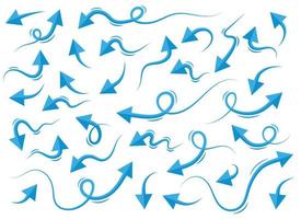 Hand drawn blue curved arrow shape in doodle style. Arrow line set vector