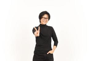 Smile and Showing Peace Sign Of Handsome Asian Man Isolated On White Background photo