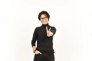 Smile and Showing Peace Sign Of Handsome Asian Man Isolated On White Background photo