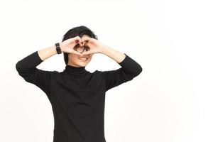 Smile and Showing Love Sign Of Handsome Asian Man Isolated On White Background photo