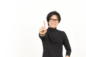 Showing count One finger Of Handsome Asian Man Isolated On White Background photo