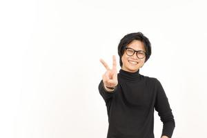 Showing count two finger Of Handsome Asian Man Isolated On White Background photo