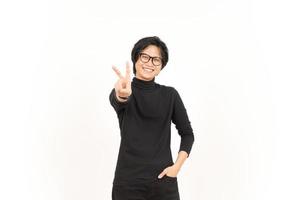 Showing count two finger Of Handsome Asian Man Isolated On White Background photo