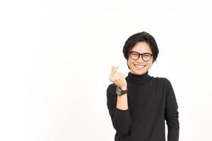 Smile and Showing Korean love finger Of Handsome Asian Man Isolated On White Background photo