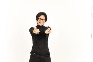 Smile and Showing Korean love finger Of Handsome Asian Man Isolated On White Background photo