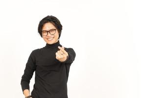 Smile and Showing Korean love finger Of Handsome Asian Man Isolated On White Background photo