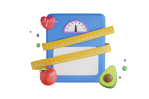 3D Illustration of Weighting scales with measuring tape. Scales, red apple, avocado and centimeter to measure. 3D Illustration png