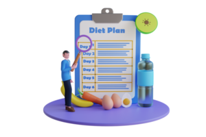 3d ilustración de dieta plan. nutrición para peso pérdida, caloría control, individual dietético. hombre es mirando a un dieta plan en un portapapeles con un aumentador vaso png