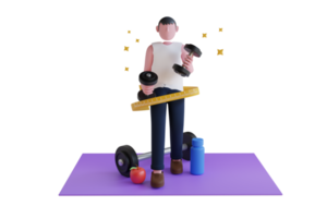 perdiendo peso. conjunto tú mismo arriba para peso pérdida exito,dieta y hacer ejercicio, estar en forma cuerpo y saludable. hombre es en pie en un peso escala con un cinta medida. 3d ilustración png