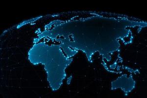 World map with global technology social connection network with lights and points photo