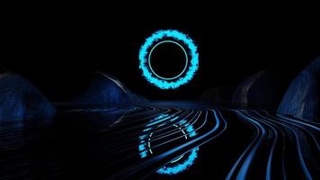 3D rendering. Imaginary landscape, neon lights in abstract blue ring flames. photo