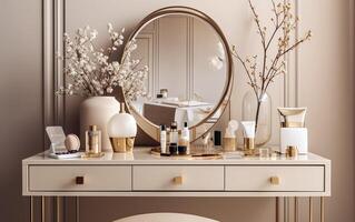 Modern, minimal beige dressing table, gold handle drawer storage, twig in glass vase, round vanity mirror in beige wall bedroom for luxury beauty, cosmetic, makeup product background , AI photo