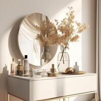 moderno, mínimo beige vendaje mesa, oro encargarse de cajón almacenamiento, ramita en vaso florero, redondo vanidad espejo en beige pared dormitorio para lujo belleza, cosmético, maquillaje producto antecedentes generativo ai, ai foto