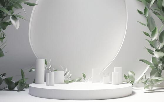 3D render beautiful white podium for beauty skin care products display backdrop, templates with natural green leaves plant twig, sunlight and foliages leaves shadow, , AI photo