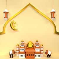 square shape. 3d render mosque gold and mosque drum. 3d lantern with blank inscription for social media, flyer, banner. Eid Al-Fitr photo