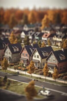 Modern generic suburb style model buildings with tilt shift effect, created with photo