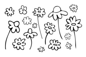 Set of hand drawn outline flowers, black botanical illustrations isolated on white background. Doodle drawing vector