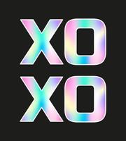 Holographic xo xo sticker for Valentines day. Hologram label of different shapes. Vector sticker for design mockups. Holographic textured sticker for preview tags, labels