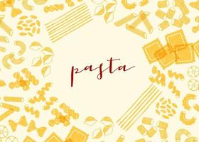 Italian pasta banner. Different types of Italian pasta. Spaghetti, farfalle, penne, rigatoni, ravioli, fusilli, conchiglie, elbows, rotelle, orzo, paccheri illustration. vector