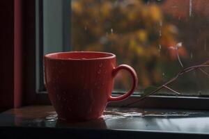 Red cup with hot tea by the window on rainy autumn day, created with photo