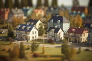 Modern generic suburb style model buildings with tilt shift effect, created with photo