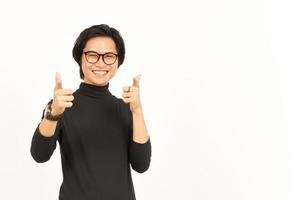 Smiling and Pointing at you, want you gesture Of Handsome Asian Man Isolated On White Background photo