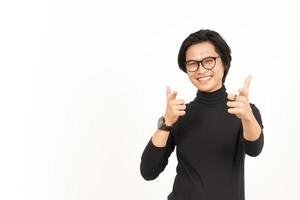 Smiling and Pointing at you, want you gesture Of Handsome Asian Man Isolated On White Background photo