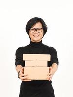 Holding Package Box or Cardboard Box Of Handsome Asian Man Isolated On White Background photo