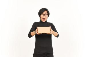 participación paquete caja o cartulina caja de hermoso asiático hombre aislado en blanco antecedentes foto