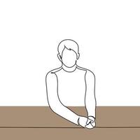 man sits at the table with his palms together and looks at the viewer - one line drawing vector. concept student vector