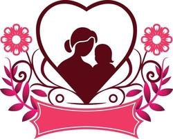 Mother and daughter in a heart shape with a banner and flowers around Mothers day related vector illustration