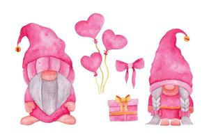 Watercolor valentine's day gnomes collection, hand drawn watercolor vector illustration for greeting card or invitation design
