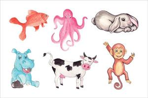 Set of isolated different animals, hand draw watercolor vector illustration for greeting card and invitation