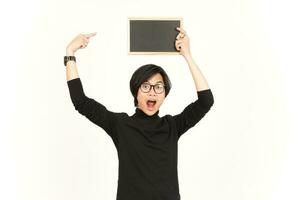 Showing, Presenting and holding Blank Blackboard Of Handsome Asian Man Isolated On White Background photo