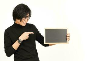 Showing, Presenting and holding Blank Blackboard Of Handsome Asian Man Isolated On White Background photo