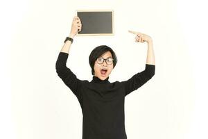 Showing, Presenting and holding Blank Blackboard Of Handsome Asian Man Isolated On White Background photo