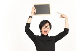 Showing, Presenting and holding Blank Blackboard Of Handsome Asian Man Isolated On White Background photo