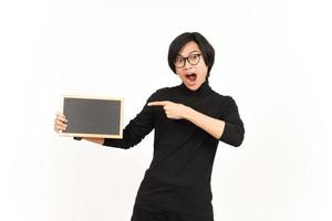 Showing, Presenting and holding Blank Blackboard Of Handsome Asian Man Isolated On White Background photo