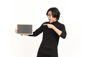 Showing, Presenting and holding Blank Blackboard Of Handsome Asian Man Isolated On White Background photo