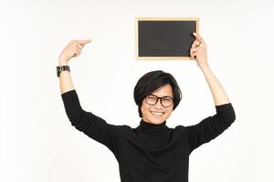 Showing, Presenting and holding Blank Blackboard Of Handsome Asian Man Isolated On White Background photo