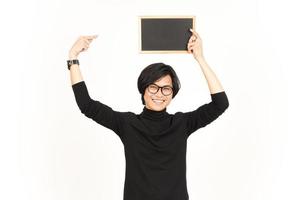 demostración, presentación y participación blanco pizarra de hermoso asiático hombre aislado en blanco antecedentes foto