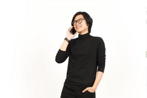 Make a Phone Call Using smartphone with smile face Of Handsome Asian Man Isolated On White photo